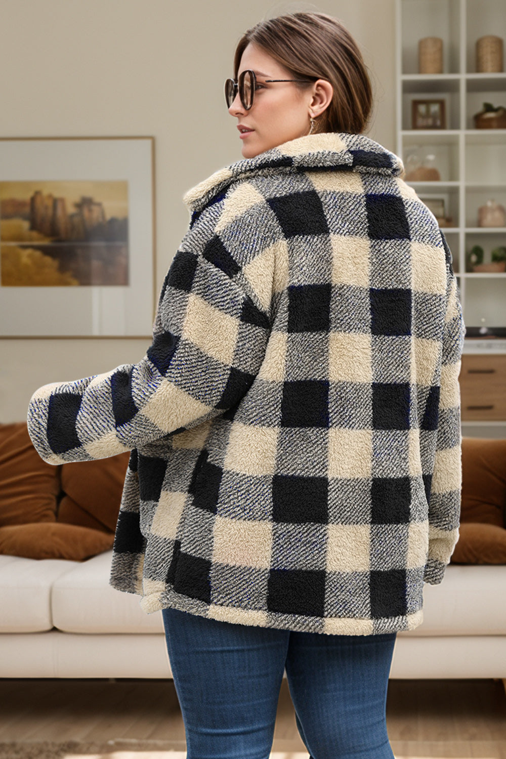 Plus Size Plaid Button Up Long Sleeve Coat Trendsi