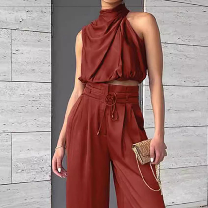 Summer Suits Casual Sleeveless Midriff-baring Top And Wide Leg Pants 2pcs Set Womens Clothing ARZ