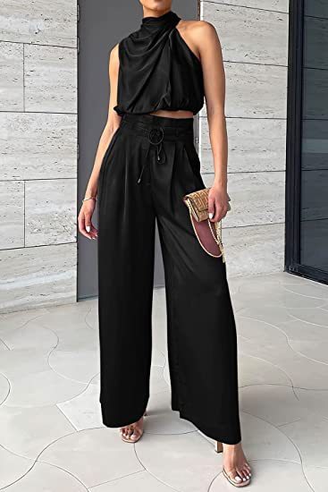 Summer Suits Casual Sleeveless Midriff-baring Top And Wide Leg Pants 2pcs Set Womens Clothing ARZ