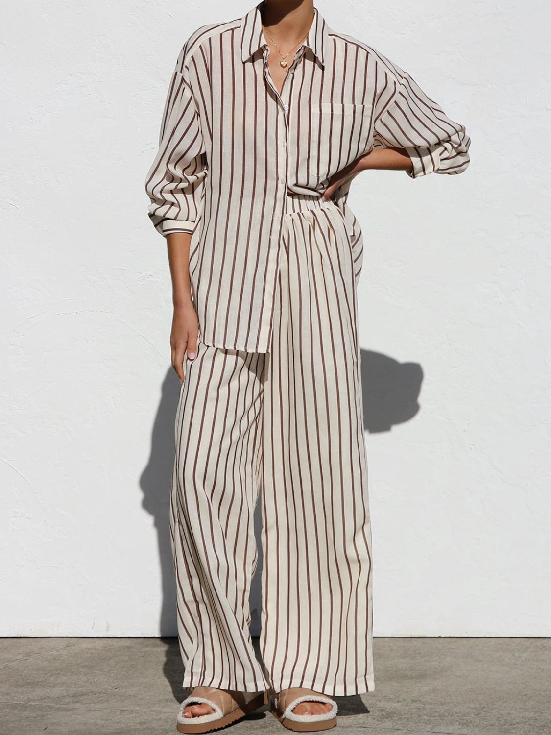 Striped Pants: Collared Neck Long Sleeve Top & Pants Set Trendsi