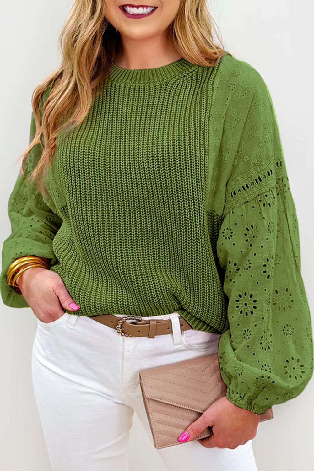 Eyelet Round Neck Drop Shoulder Sweater Trendsi