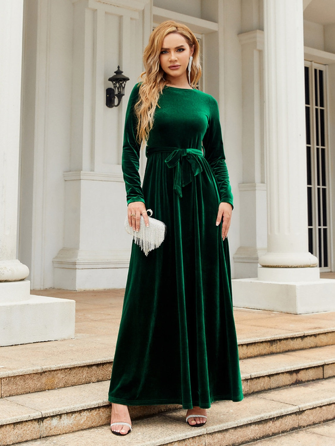 Tie Front Round Neck Long Sleeve Maxi Dress Trendsi