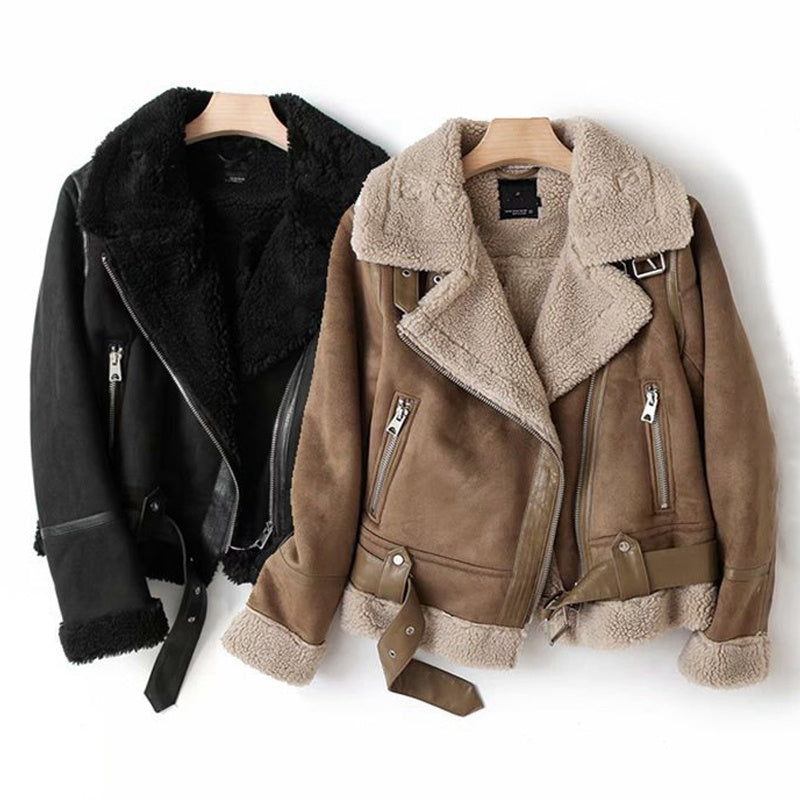 WInter Lapel Jacket Suede Lamb Wool Warm Coat Motorcycle Clothing Women Outwears ARZ