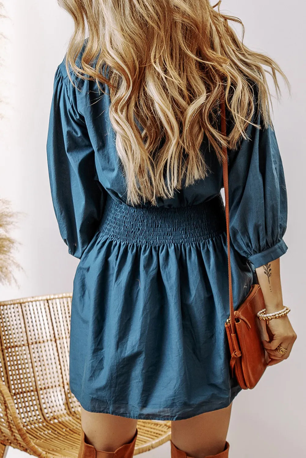 Smocked Half Button Three-Quarter Sleeve Mini Dress Trendsi