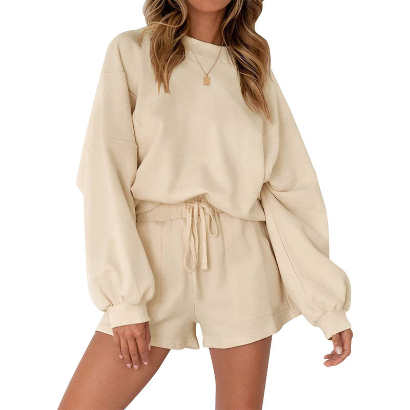 Casual Sports Sweatshirt Suits Loose Pullover Top And Drawstring Shorts Two-piece Set Womens Clothing ARZ