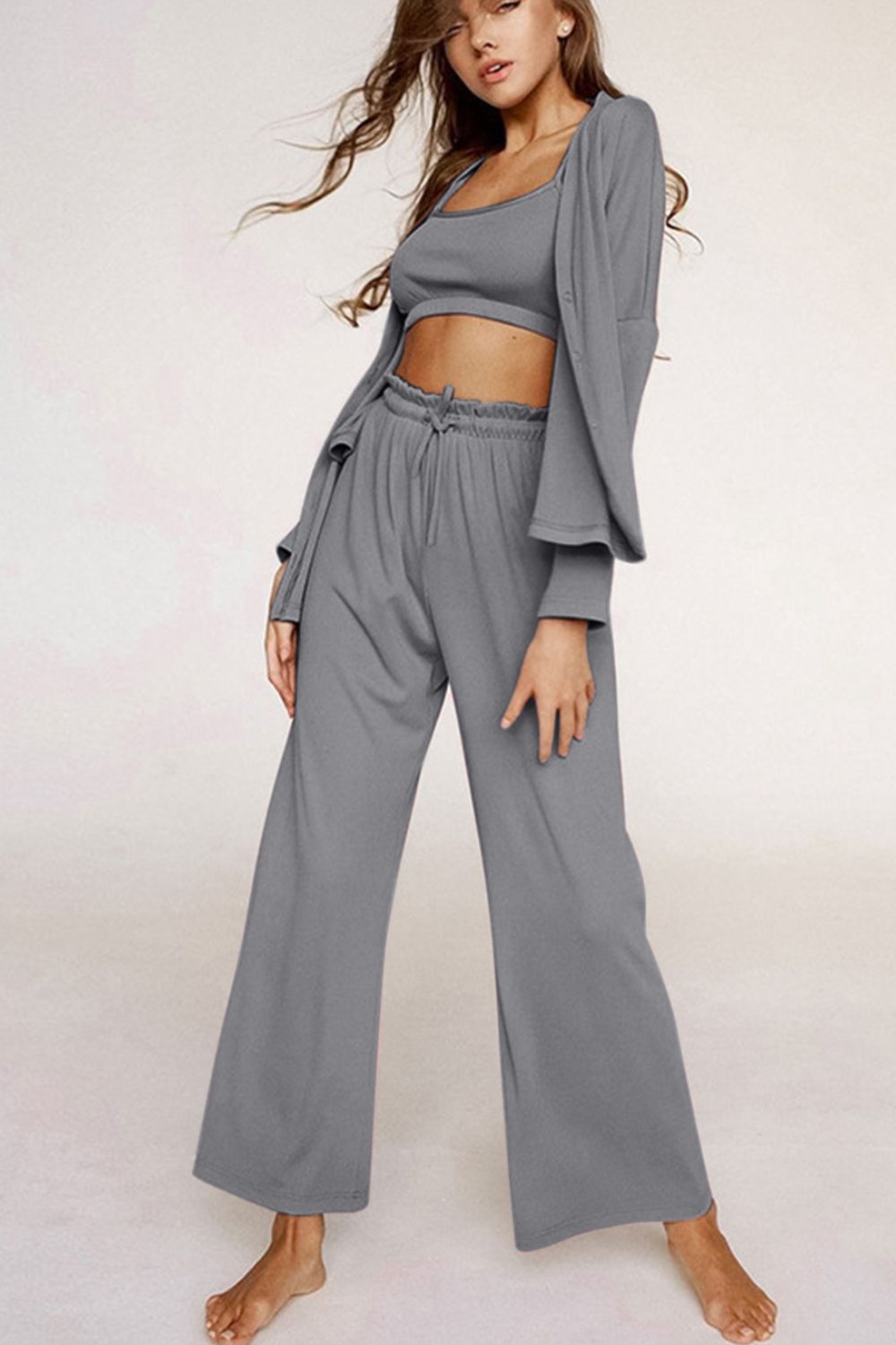 Spaghetti Strap Bra, Open Front Cardigan and Drawstring Pants Set Trendsi