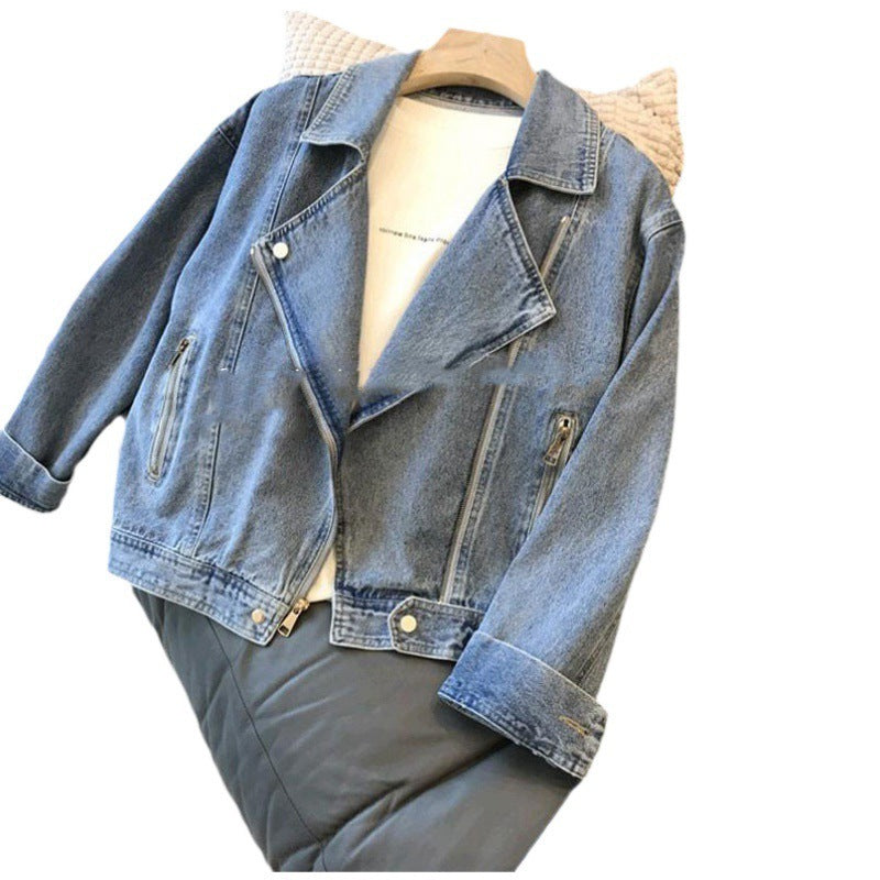 Fashion Motorcycle Lapel Long-sleeve Zipper Denim Jacket ARZ