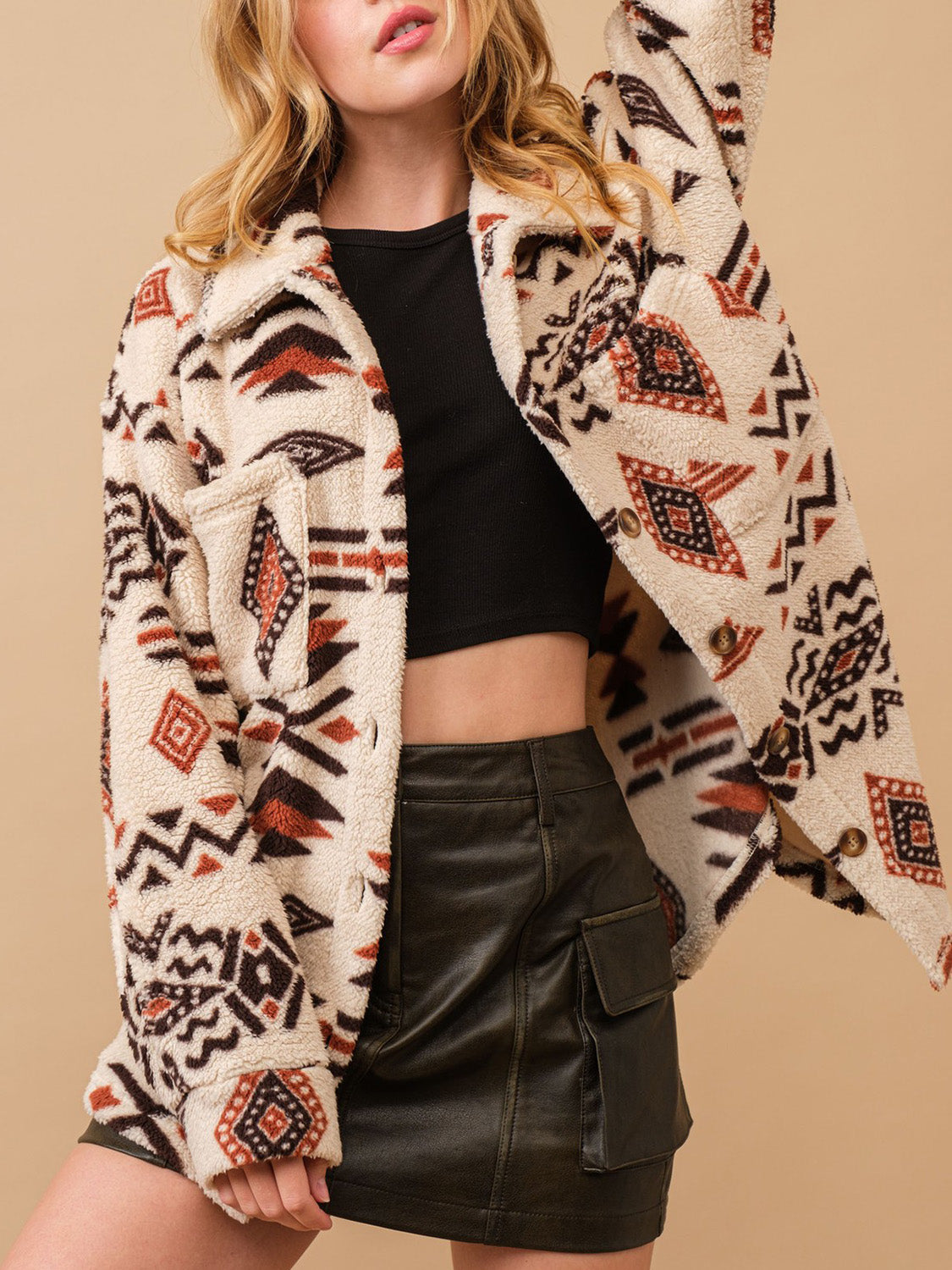 Geometric Button Up Long Sleeve Sherpa Jacket Trendsi