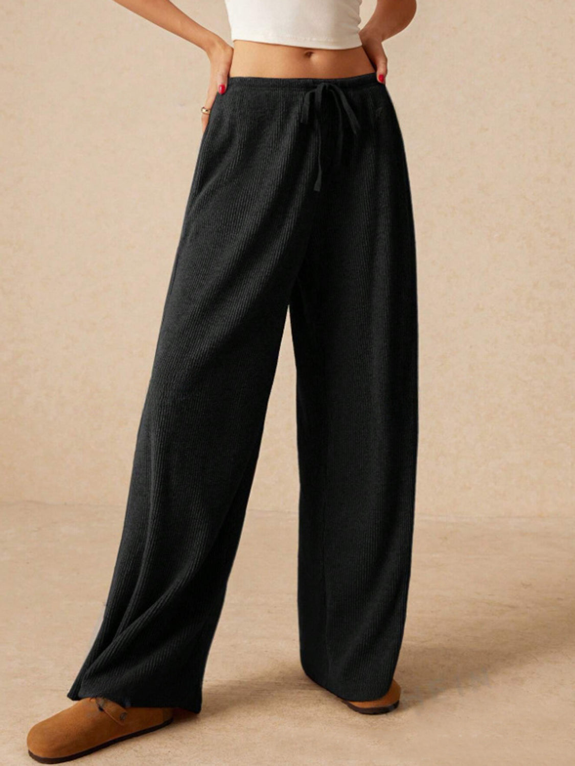 Stylish Drawstring Trousers - Ribbed Wide Leg Pants Trendsi