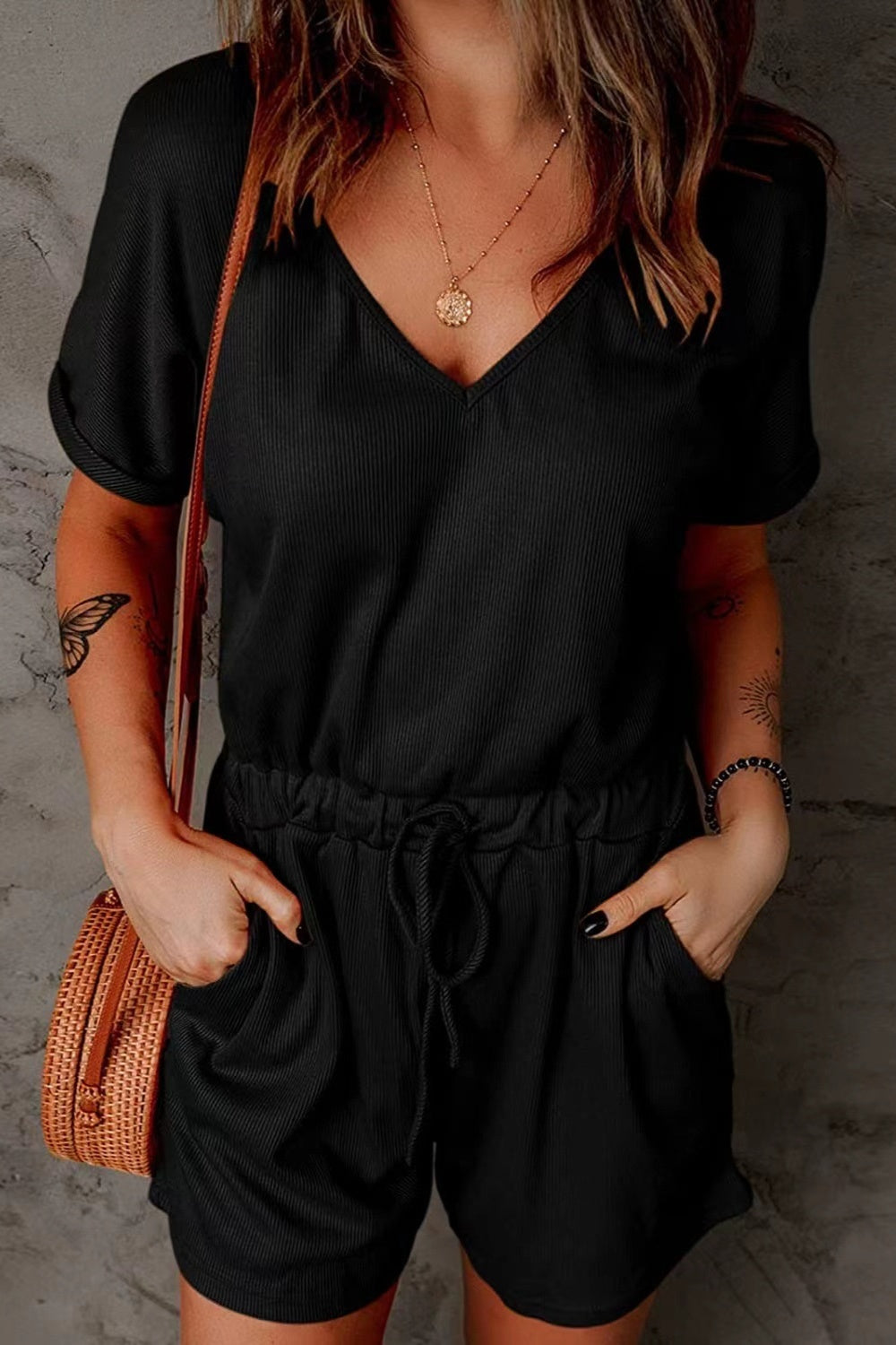 Full Size Drawstring V-Neck Short Sleeve Romper Trendsi