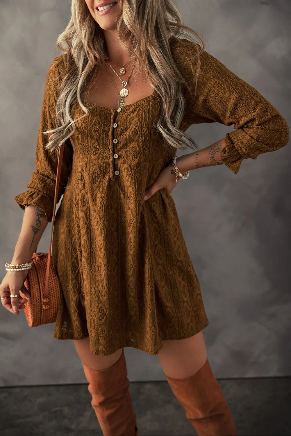 Textured Square Neck Mini Dress Trendsi