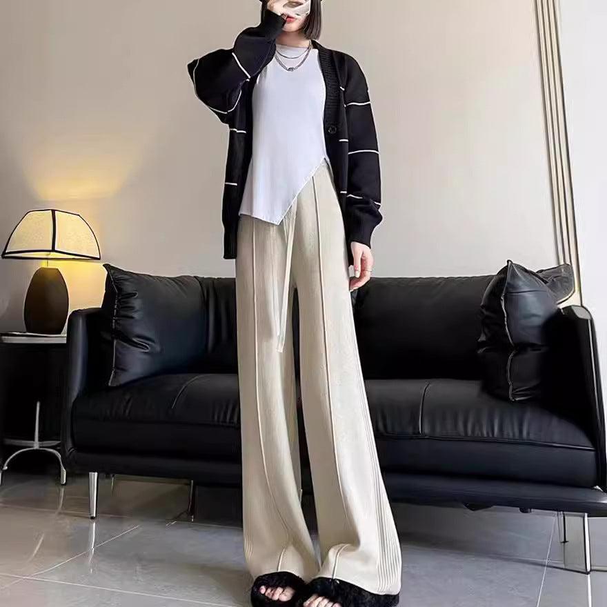 Sunken Stripe Knitted Wide Leg Women's Straight-leg Pants ARZ