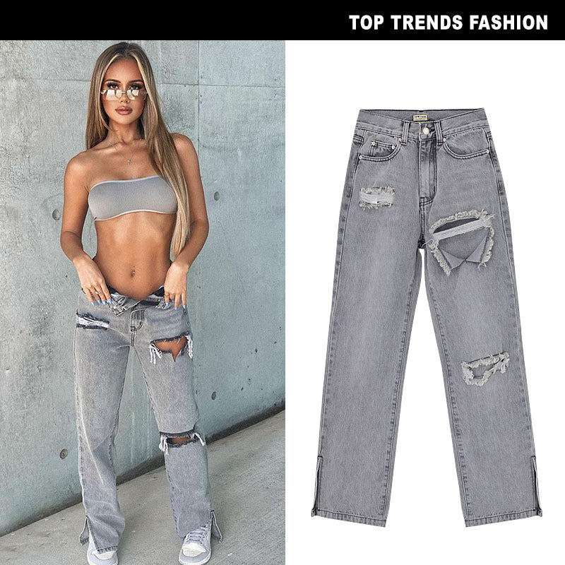 Women's High Waist Sand Gray Straight-leg Denim Trousers ARZ