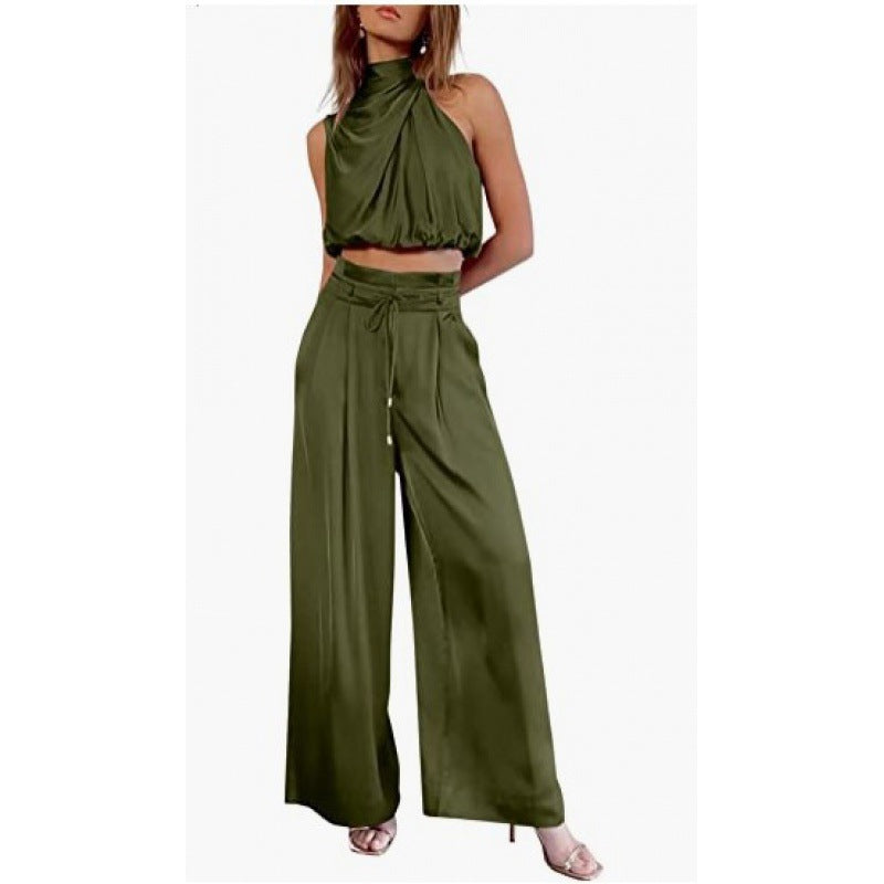 Summer Suits Casual Sleeveless Midriff-baring Top And Wide Leg Pants 2pcs Set Womens Clothing ARZ