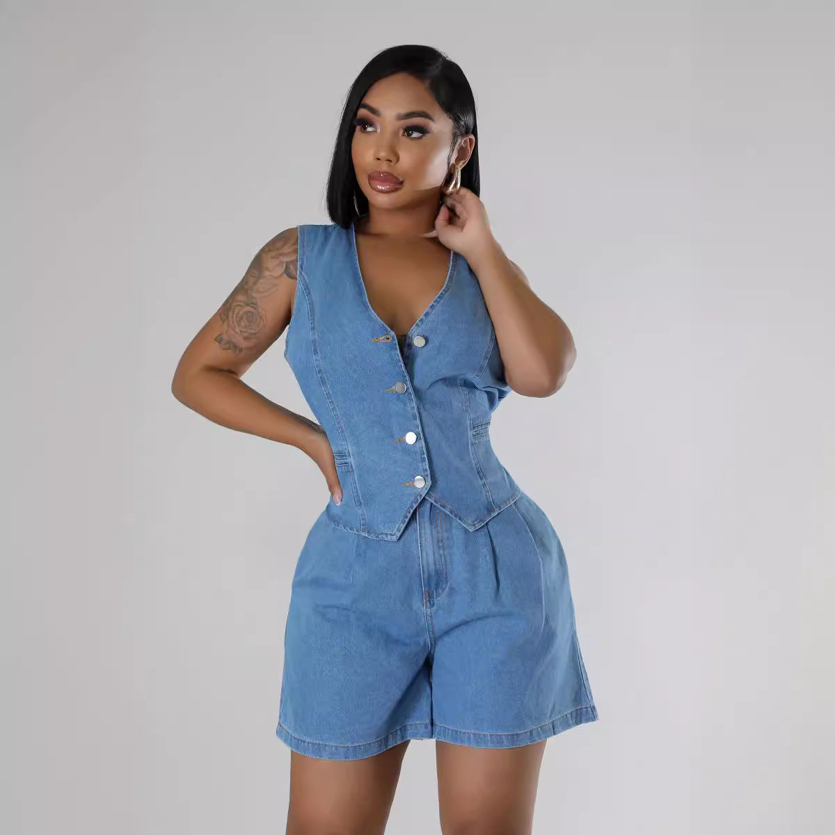 Fashion Casual Sleeveless High Waist Women's Denim Shorts Suit ARZ