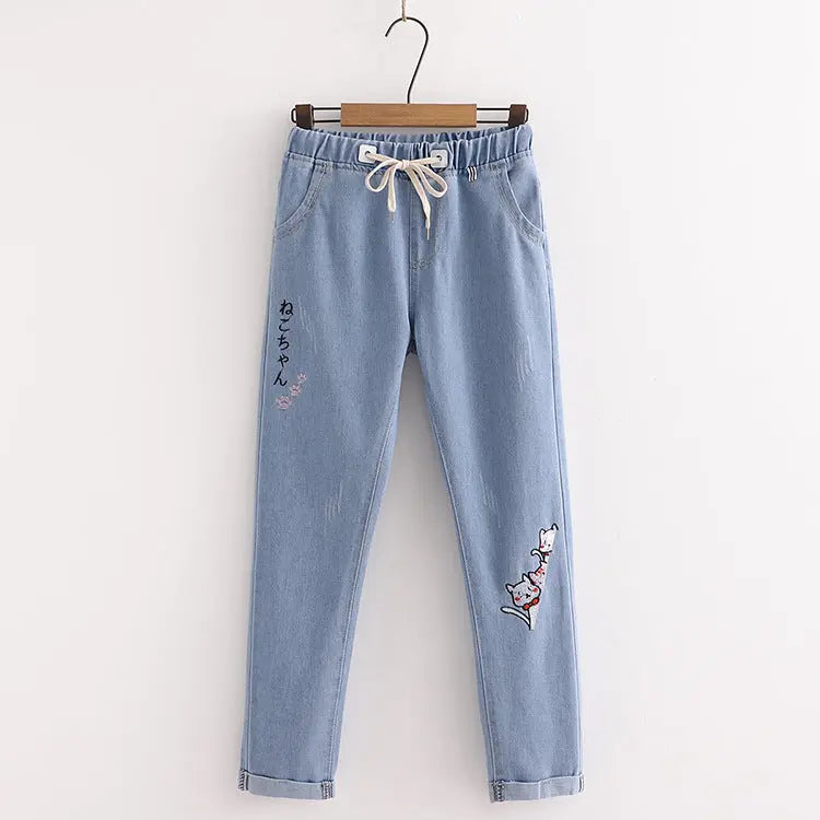 Fashion Embroidered Cat Denim Trousers For Women ARZ