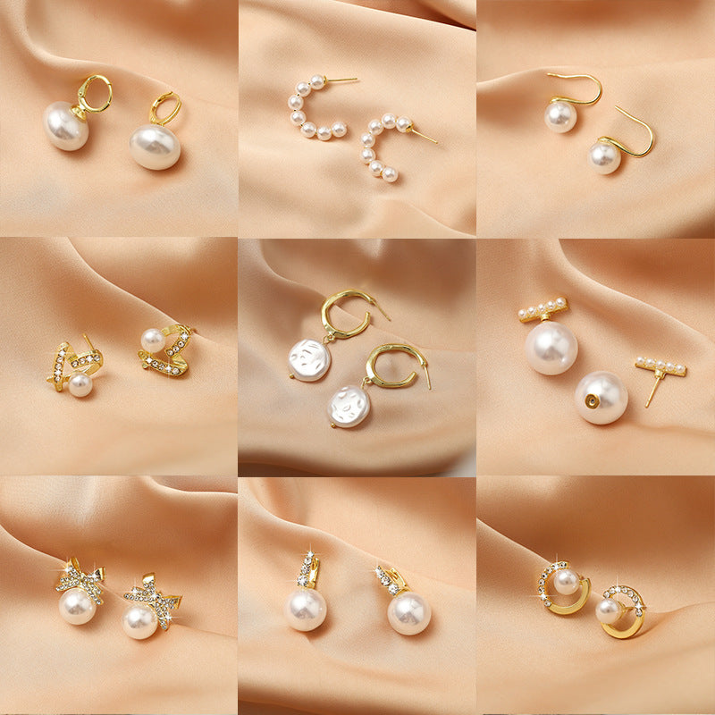 Rhinestone Pearl Ear Studs High Sense Sterling Silver Needle Ornament ARZ