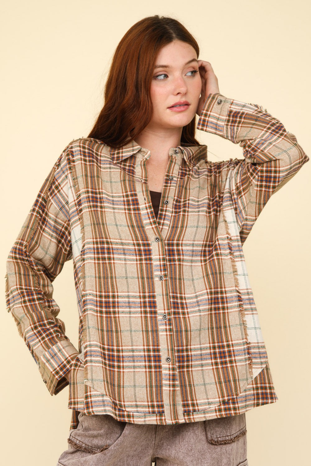 VERY J Contrast Plaid Raw Detail Shirt Trendsi