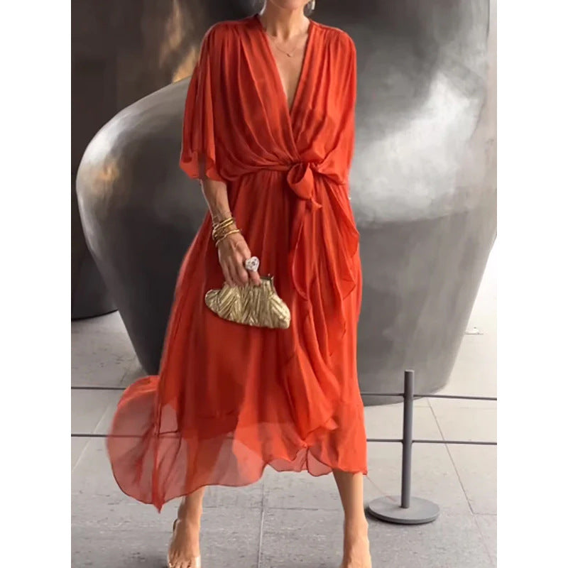 Batwing Sleeve V-neck Dress Summer Pure Color Tied Irregular Long Dresses Womens Clothing ARZ