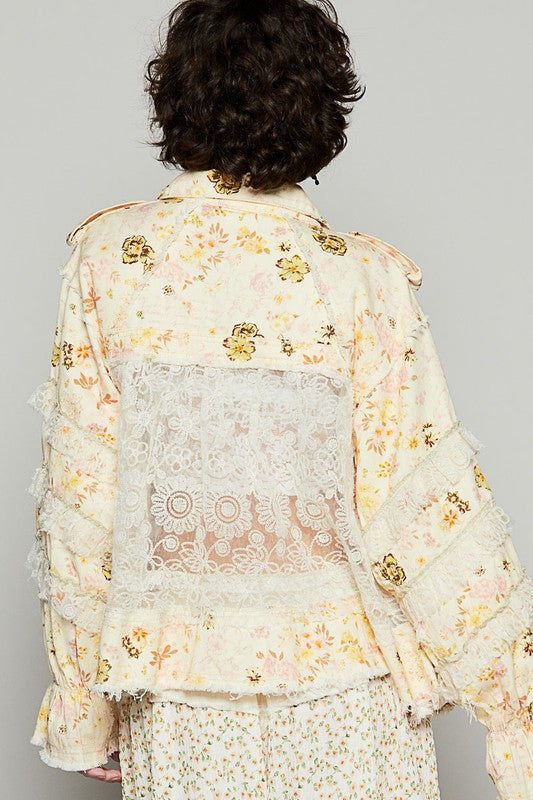 POL Raw Hem Lace Patch Flounce Sleeve Jacket Trendsi