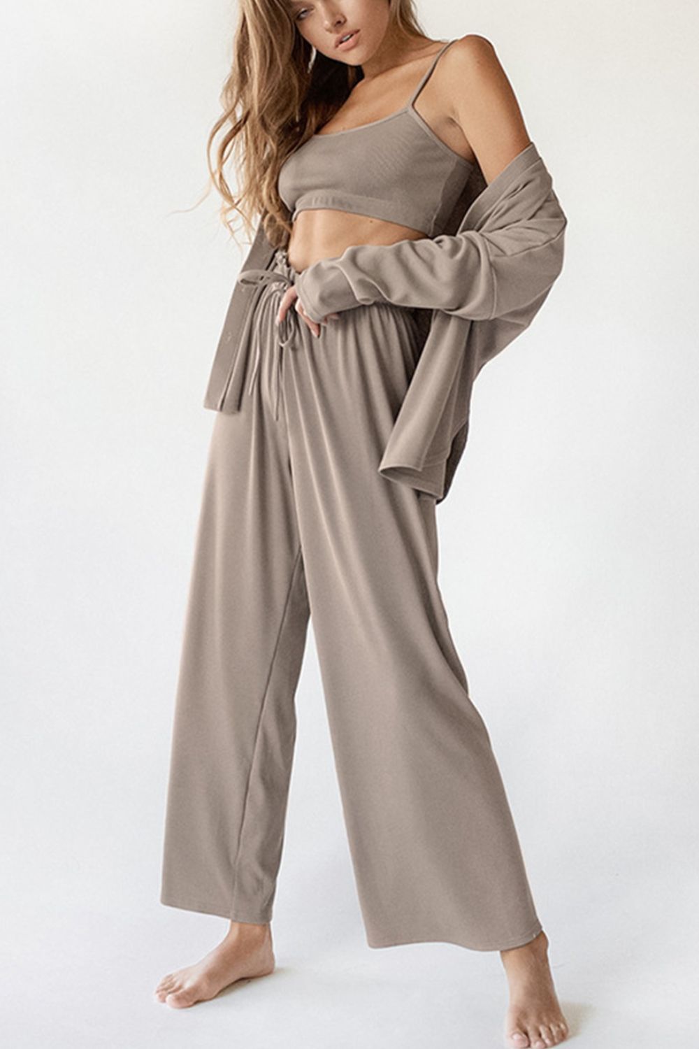 Spaghetti Strap Bra, Open Front Cardigan and Drawstring Pants Set Trendsi