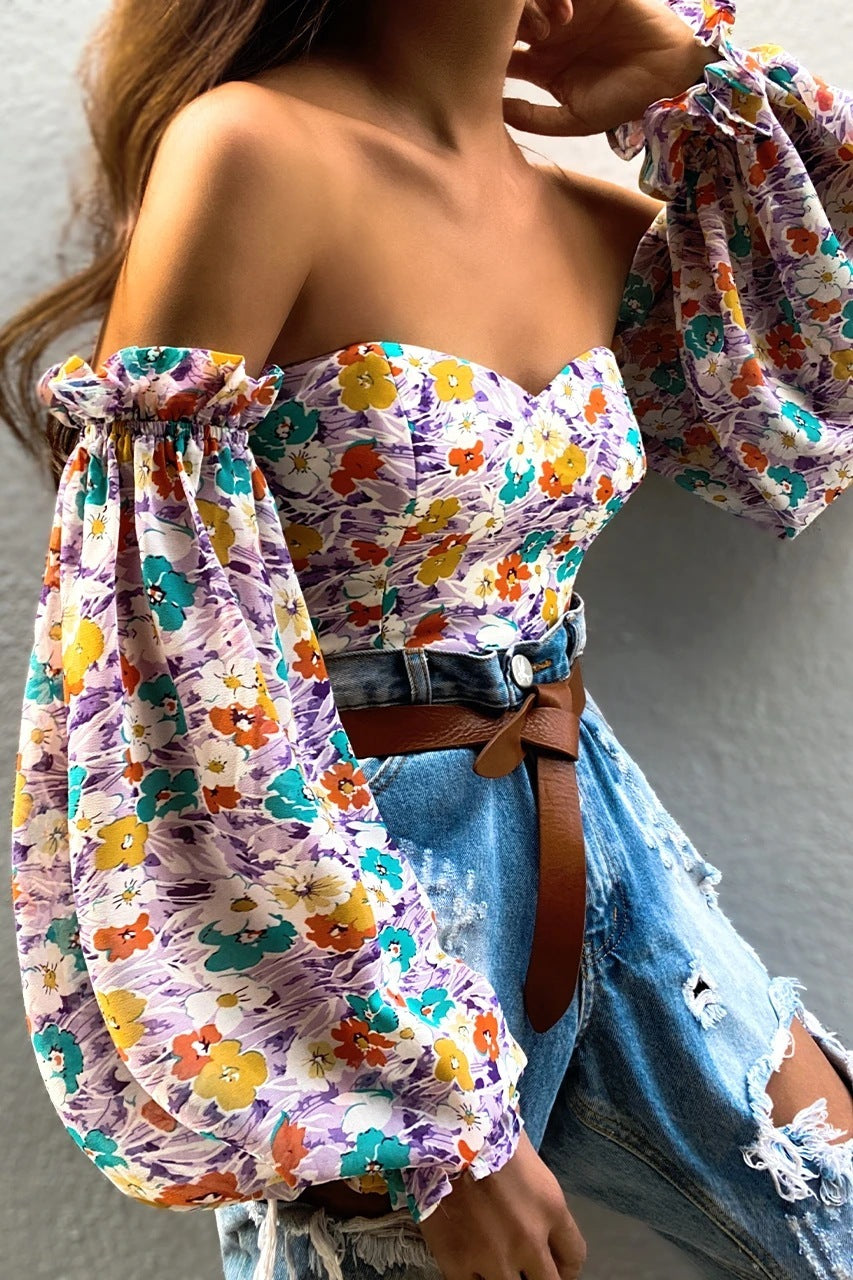 Sexy Off-shoulder Wrapped Chest Printed Lantern Sleeve Chiffon Shirt Blouse ARZ