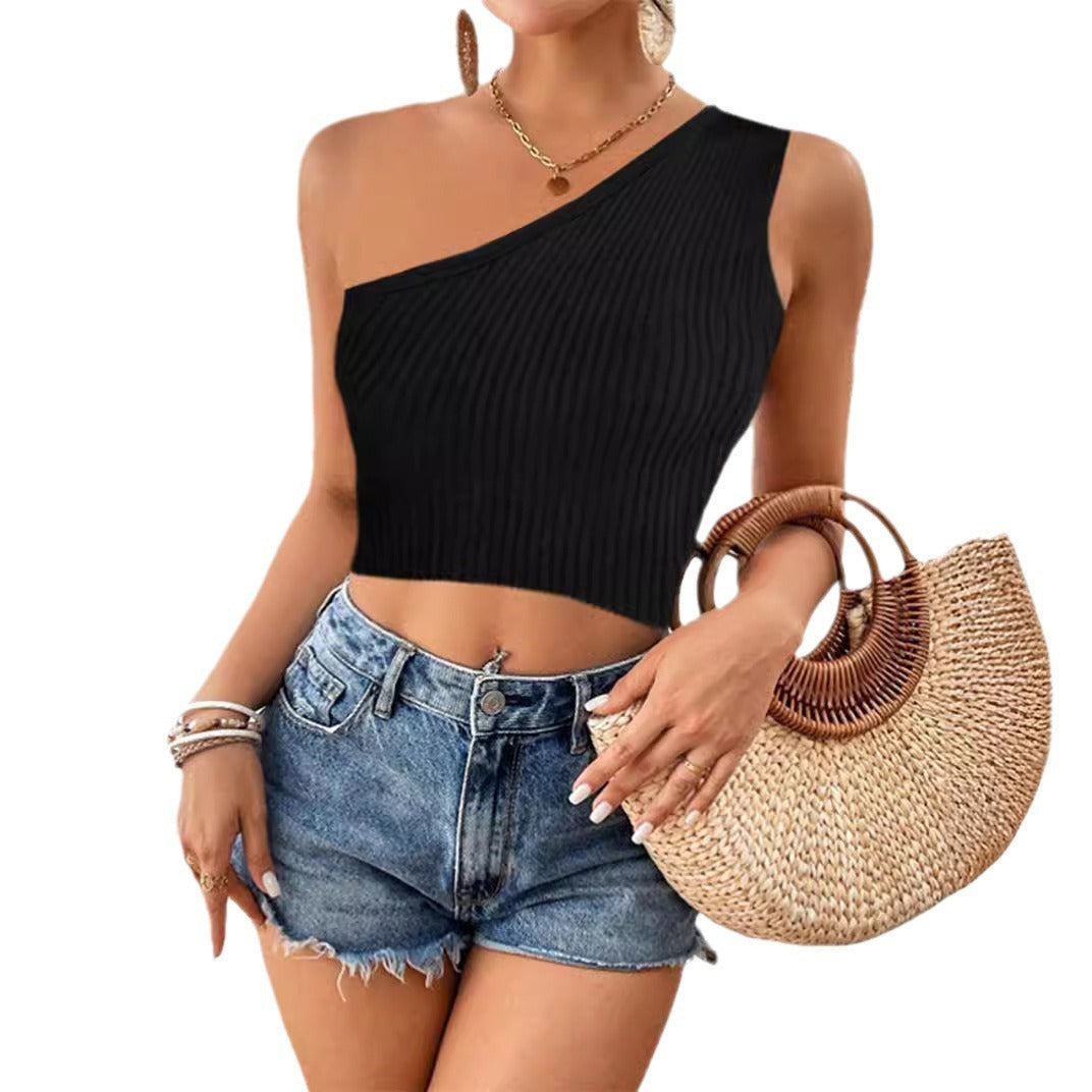 Women's Cropped One-shoulder Diagonal Collar Knitted Vest ARZ