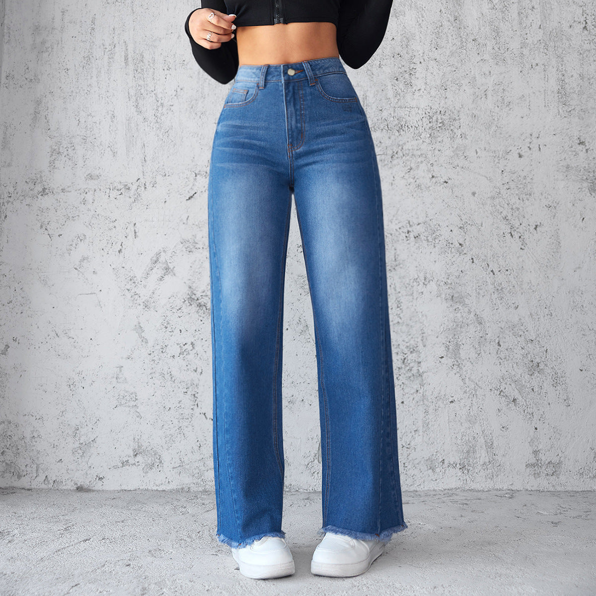 Fashion Straight Wide-leg Jeans Casual High-waist Non-elastic Womens Clothing ARZ