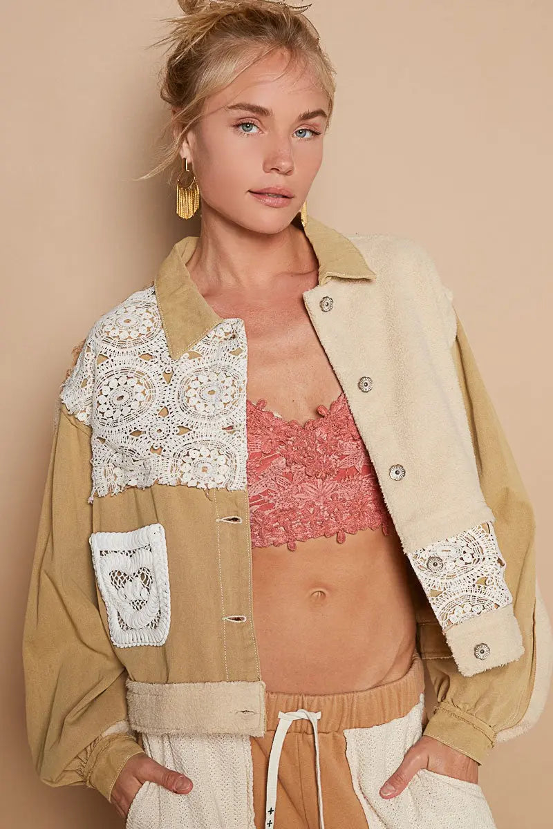 POL Crochet Patch Exposed Seam Button Up Jacket Trendsi