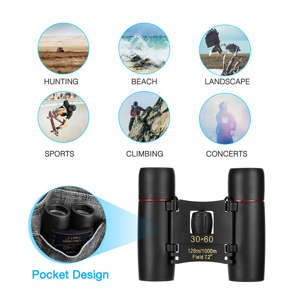 Binoculars 30x60 Zoom Travel Compact Folding Telescope Hunting Day Night Outdoor Small Pocket Binoculars Compact Adults, Mini Kids Binoculars Boys For Bird Watching, Concert Theater Opera ARZ