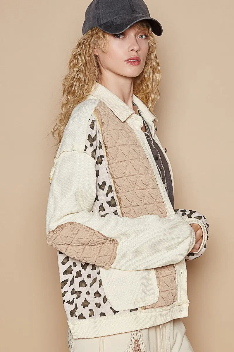 POL Leopard Exposed Seam Button Up Quilted Jacket Trendsi