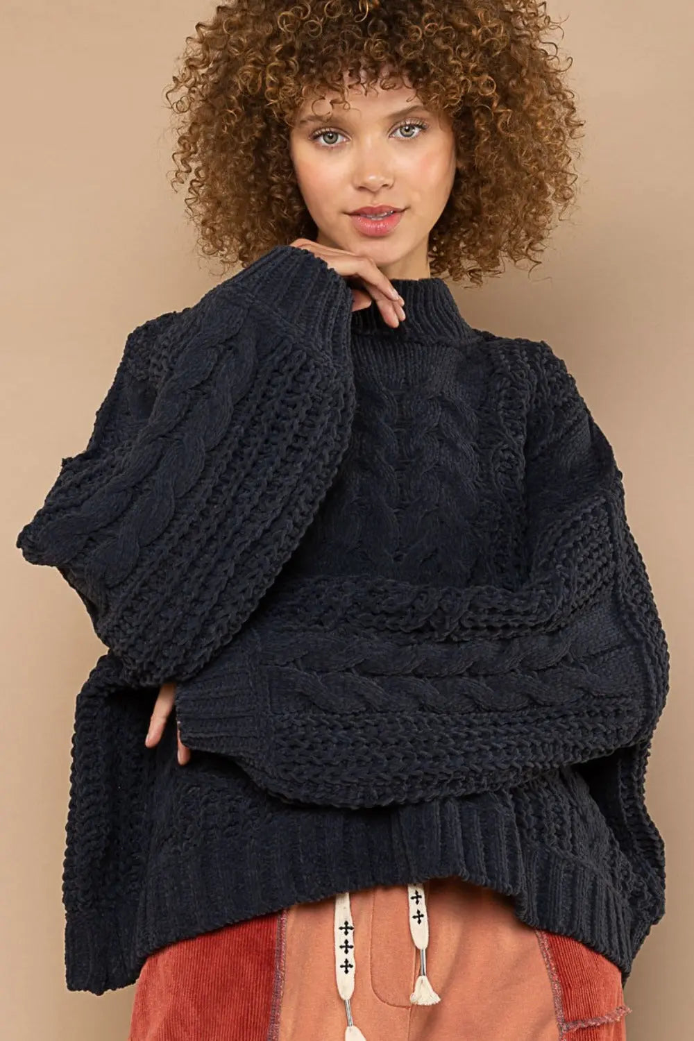 POL Mock Neck Cable Knit Sweater Trendsi