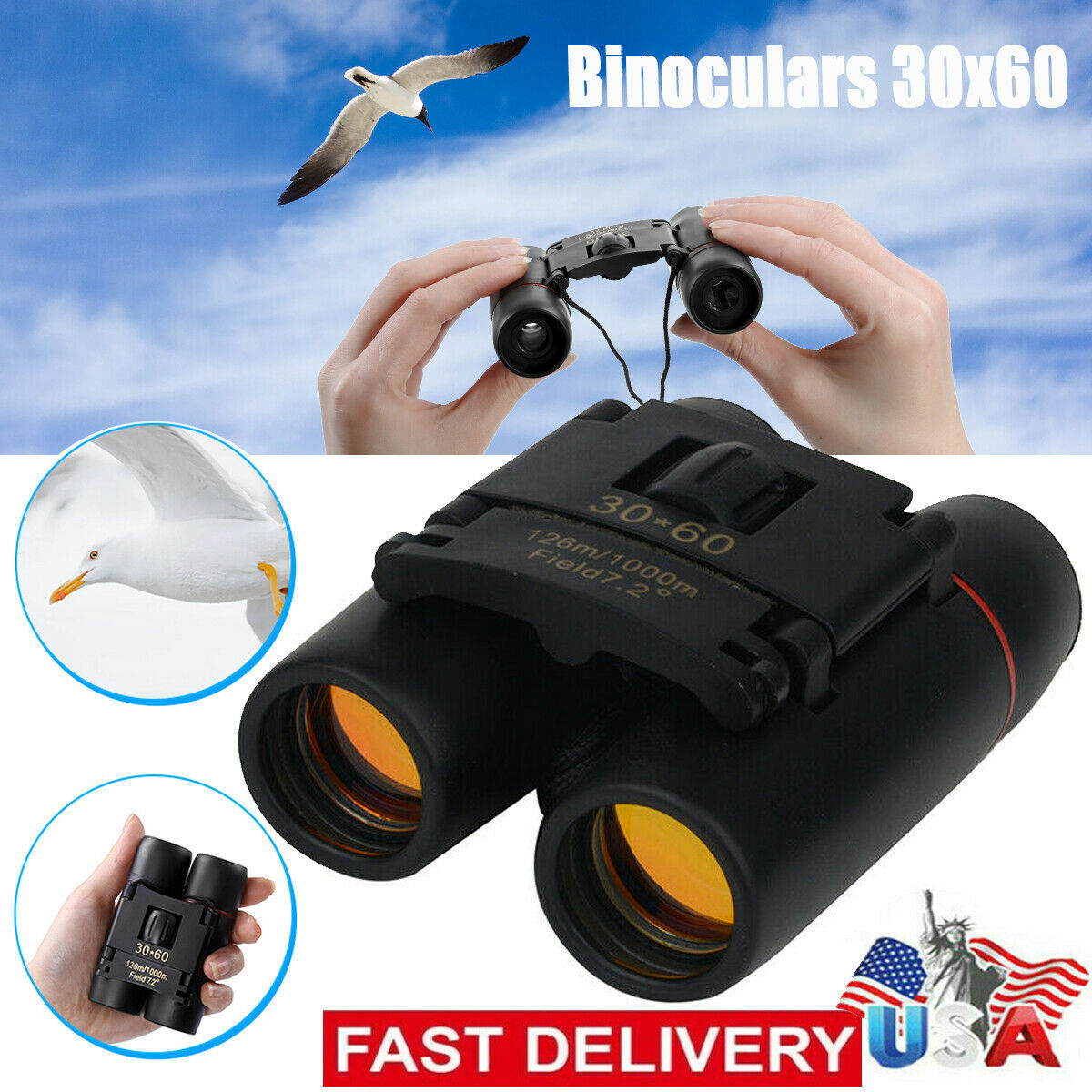 Binoculars 30x60 Zoom Travel Compact Folding Telescope Hunting Day Night Outdoor Small Pocket Binoculars Compact Adults, Mini Kids Binoculars Boys For Bird Watching, Concert Theater Opera ARZ