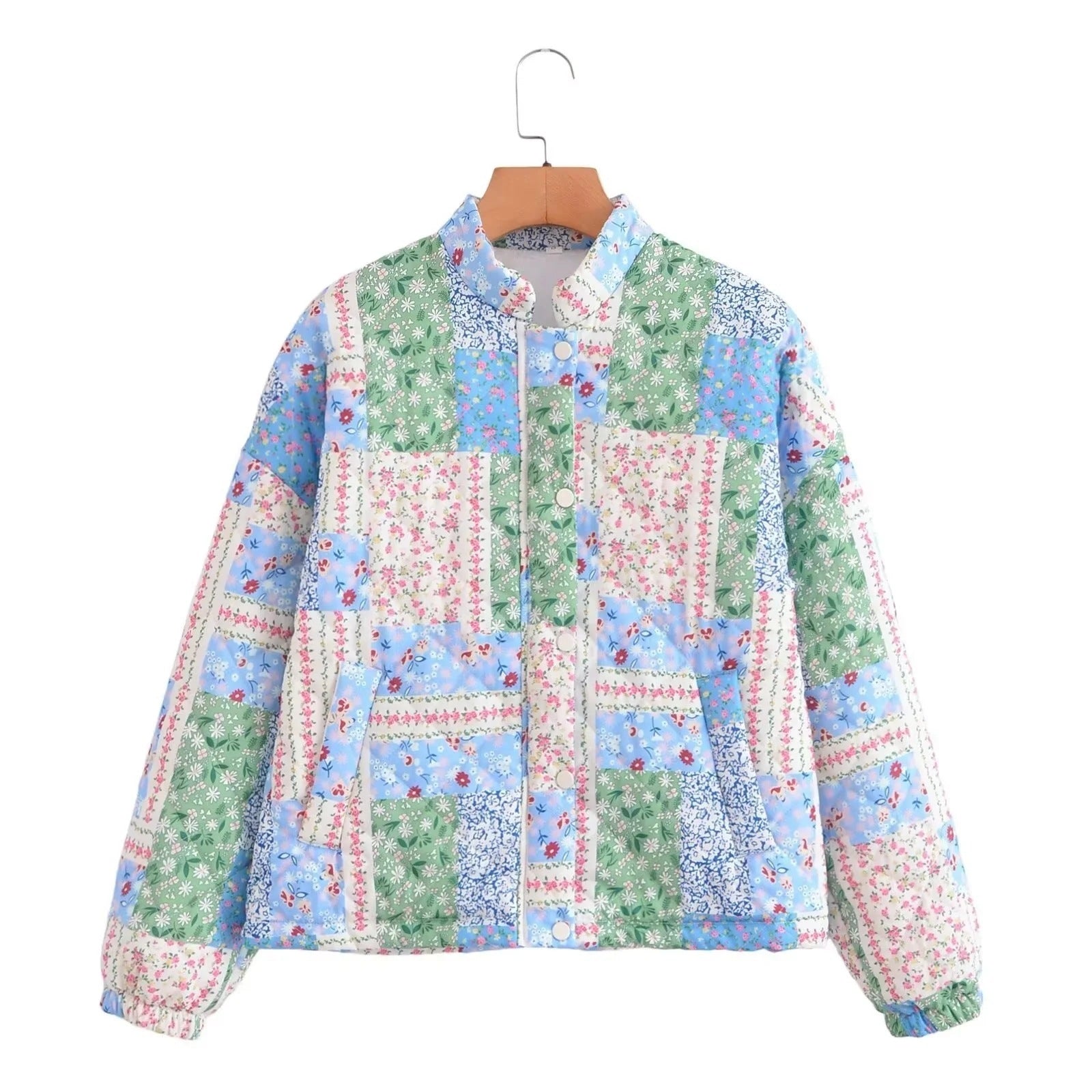 Women's Contrast Color Patch Small Floral Cotton Jacket ARZ