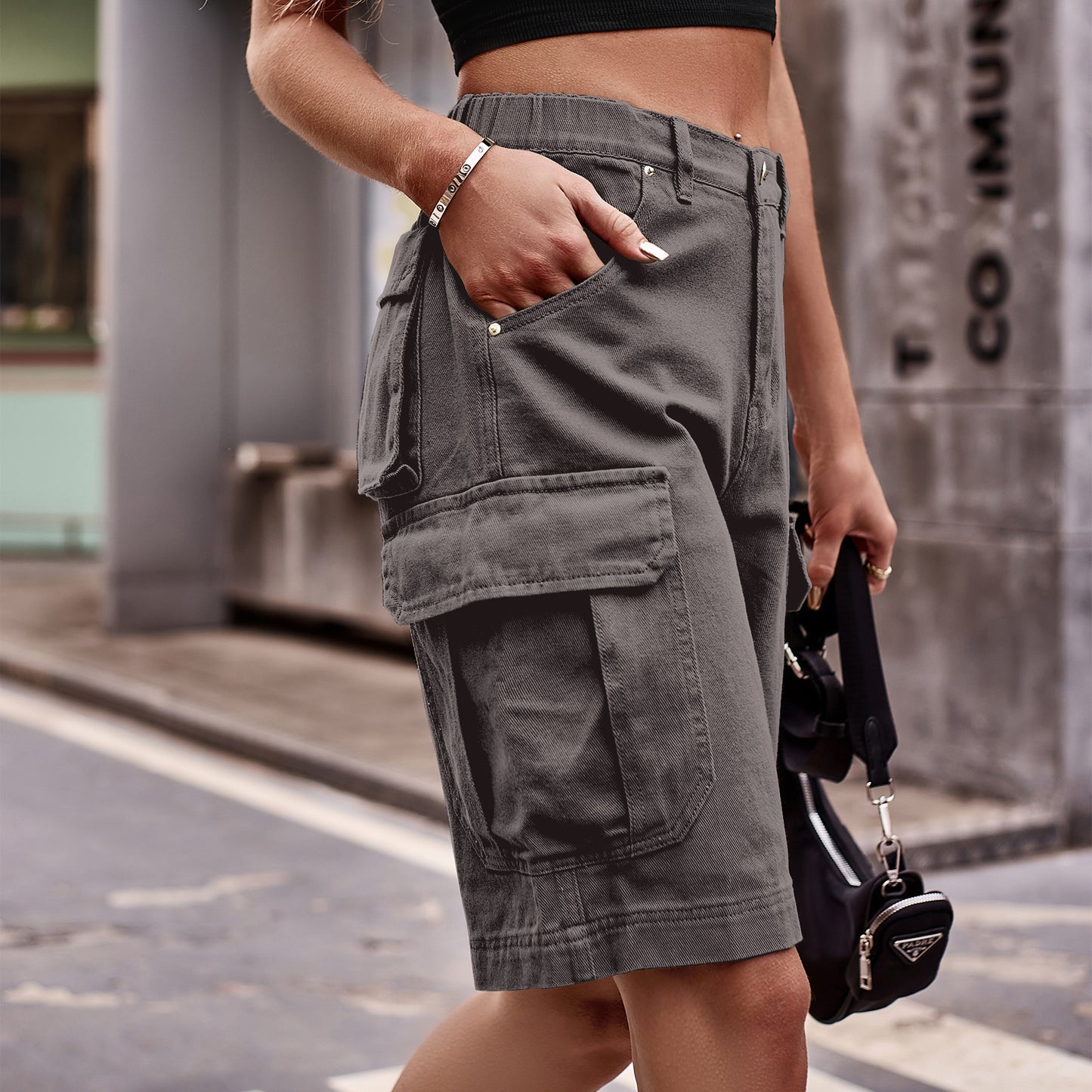 Summer Women's Elastic Waist Denim Cargo Pants Shorts ARZ