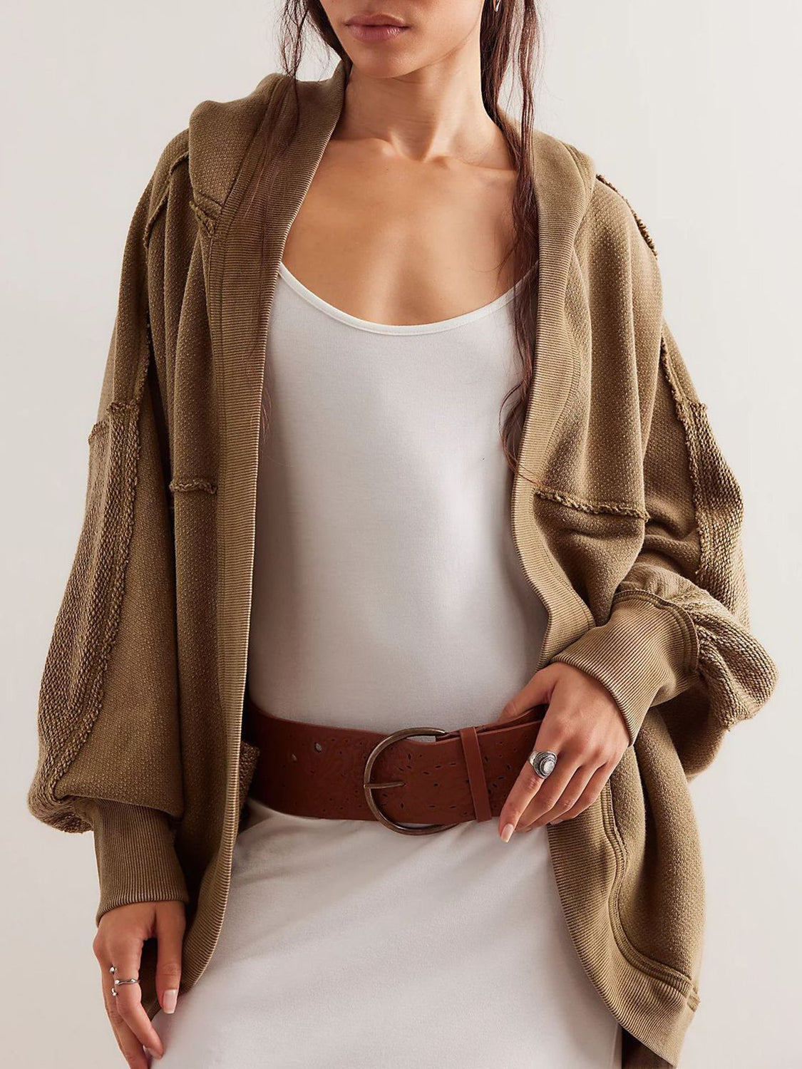 Exposed Seam Open Front Batwing Sleeve Hooded Cardigan Trendsi