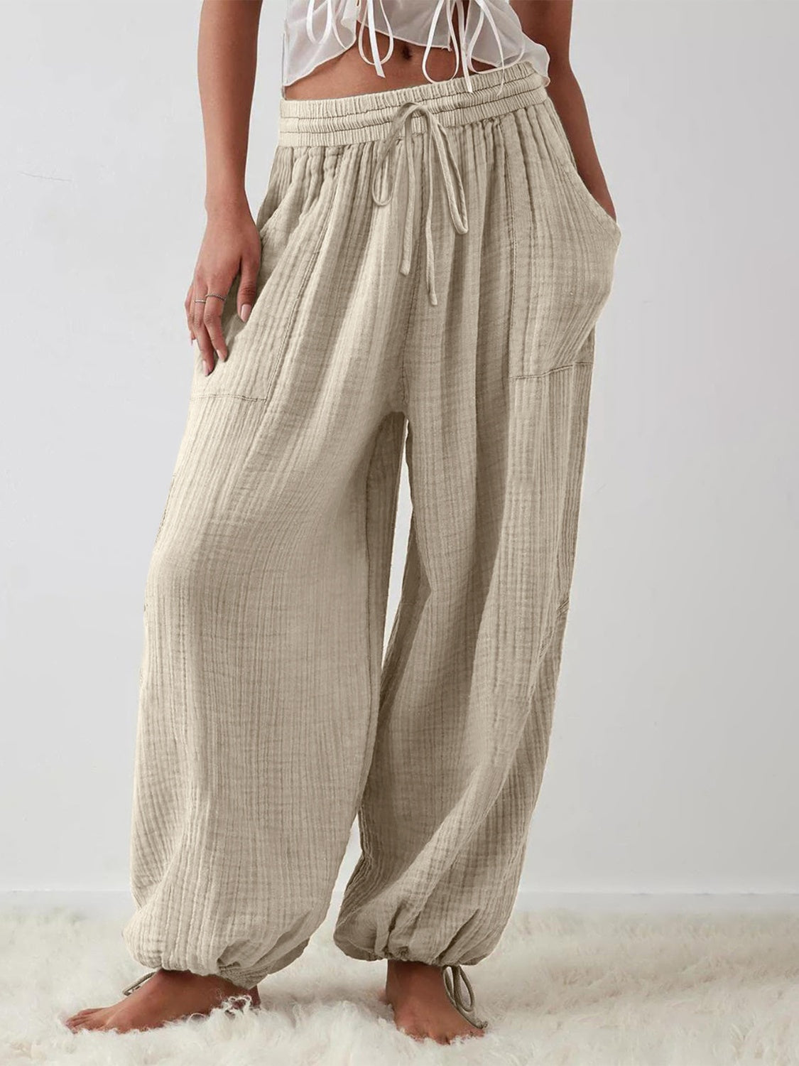 Textured Tied Pants with Pockets Trendsi