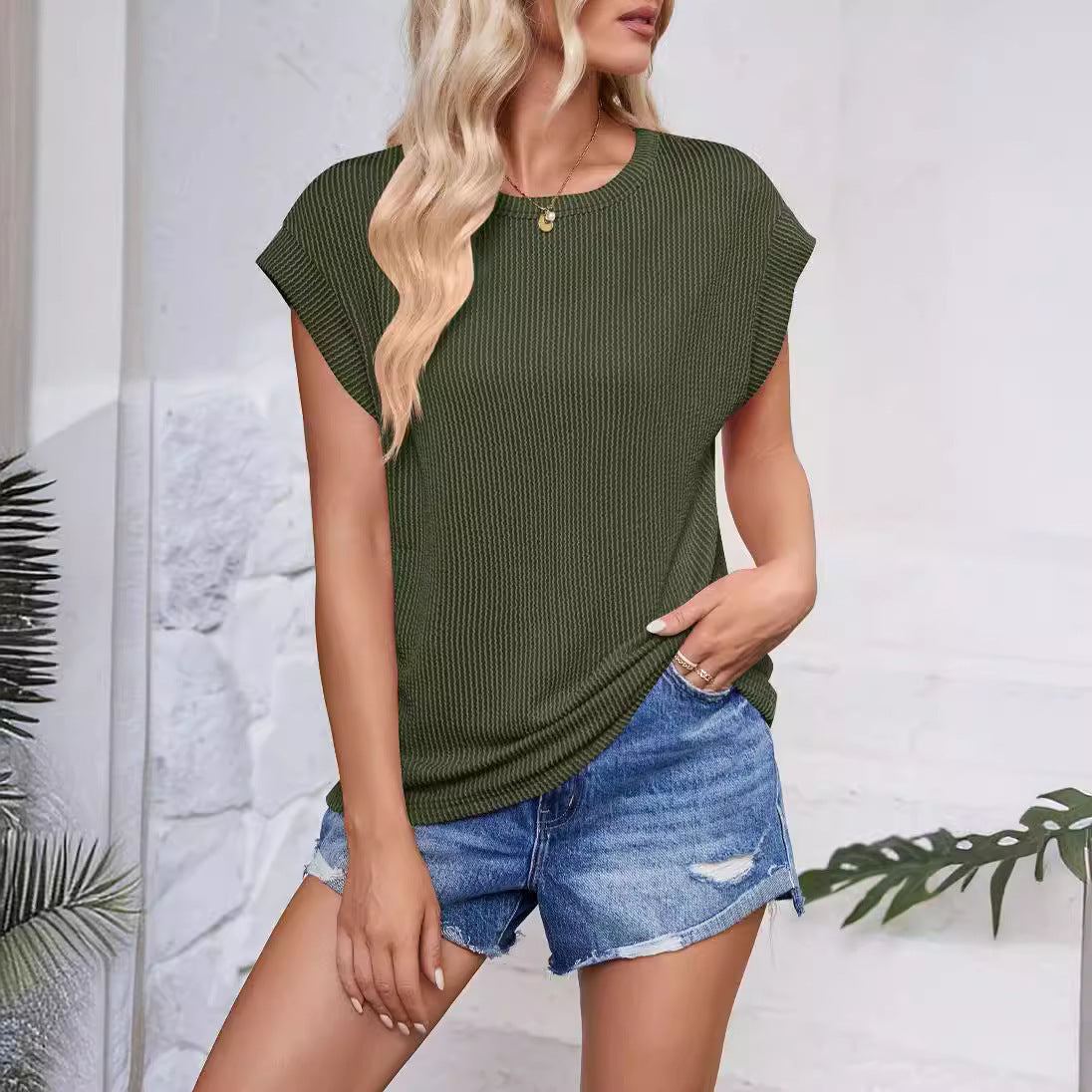 Solid Color Stripe Bat-sleeve T-shirt Summer Casual Loose Vest Tank Womens Clothing ARZ