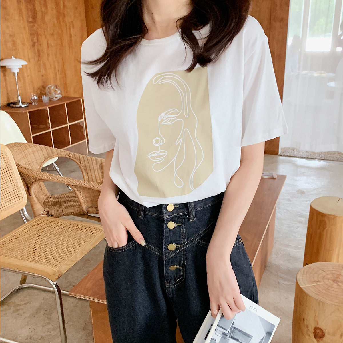 Toppies Abstract T-shirts Character Printing Women Tops Solid Color Summer white Cotton Tops Tees harajuku clothing ARZ