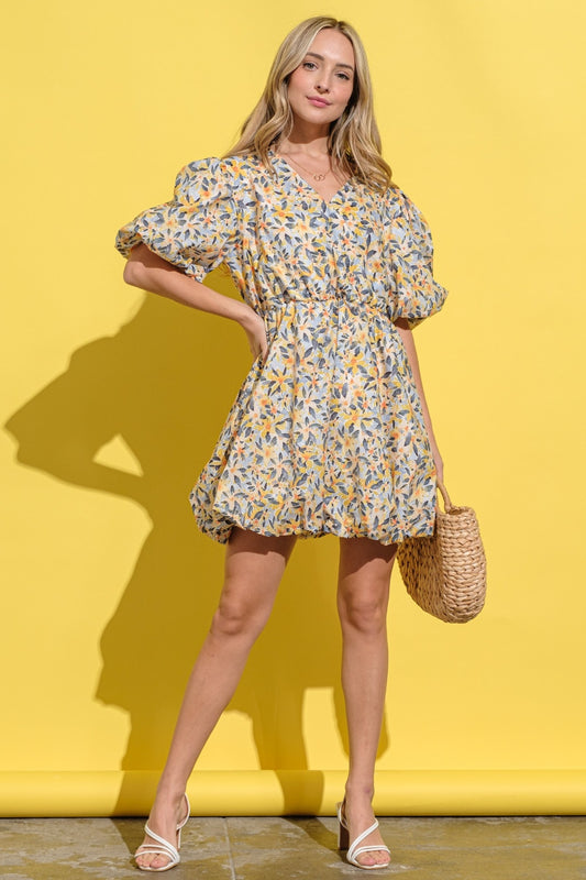 And The Why Full Size Floral Surplice Puff Sleeve Dress Trendsi