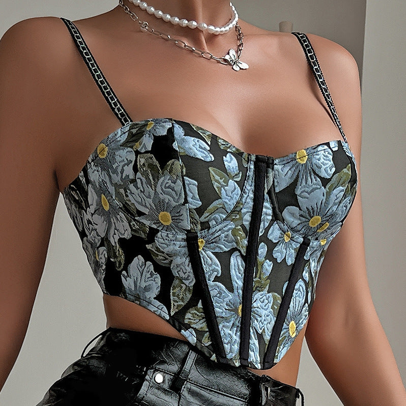 European And American Sexy Flowers Printed Knotted Short Navel Steel Ring Camisole ARZ