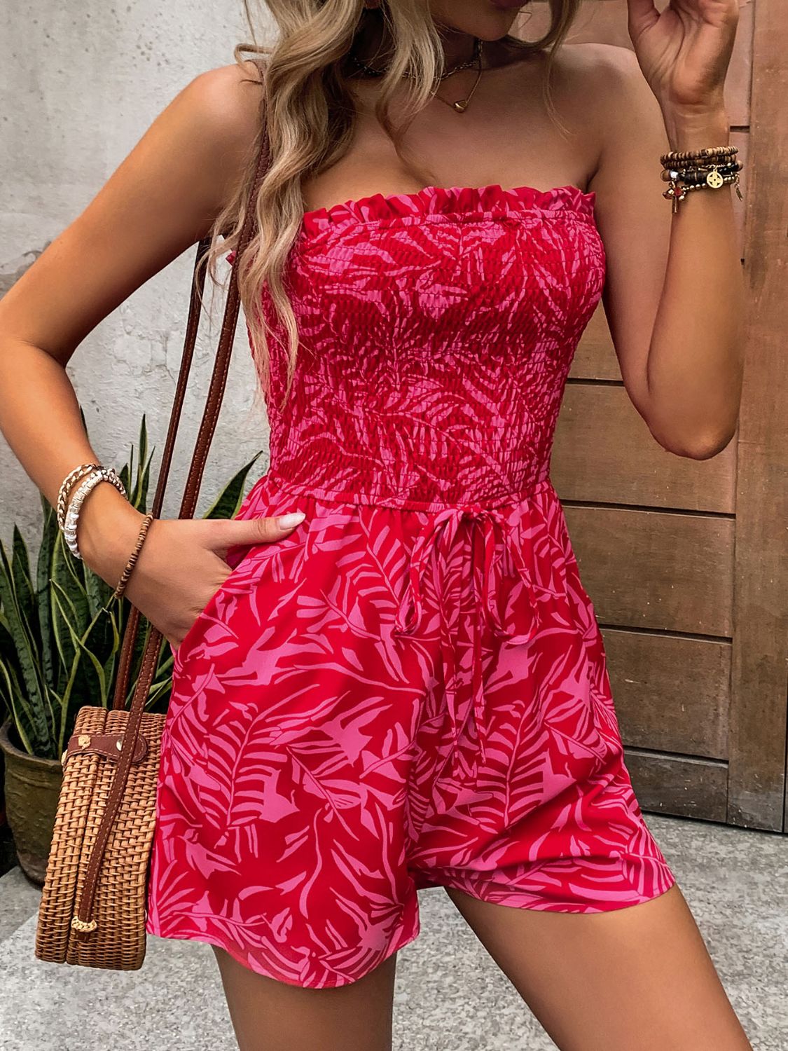 Perfee Smocked Printed Tube Romper with Pockets Trendsi