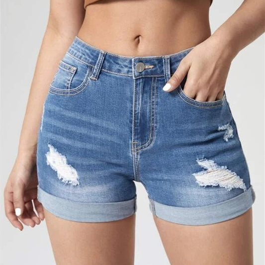 Women's Fashion Holes Curling High Elastic High Waist Denim Shorts ARZ