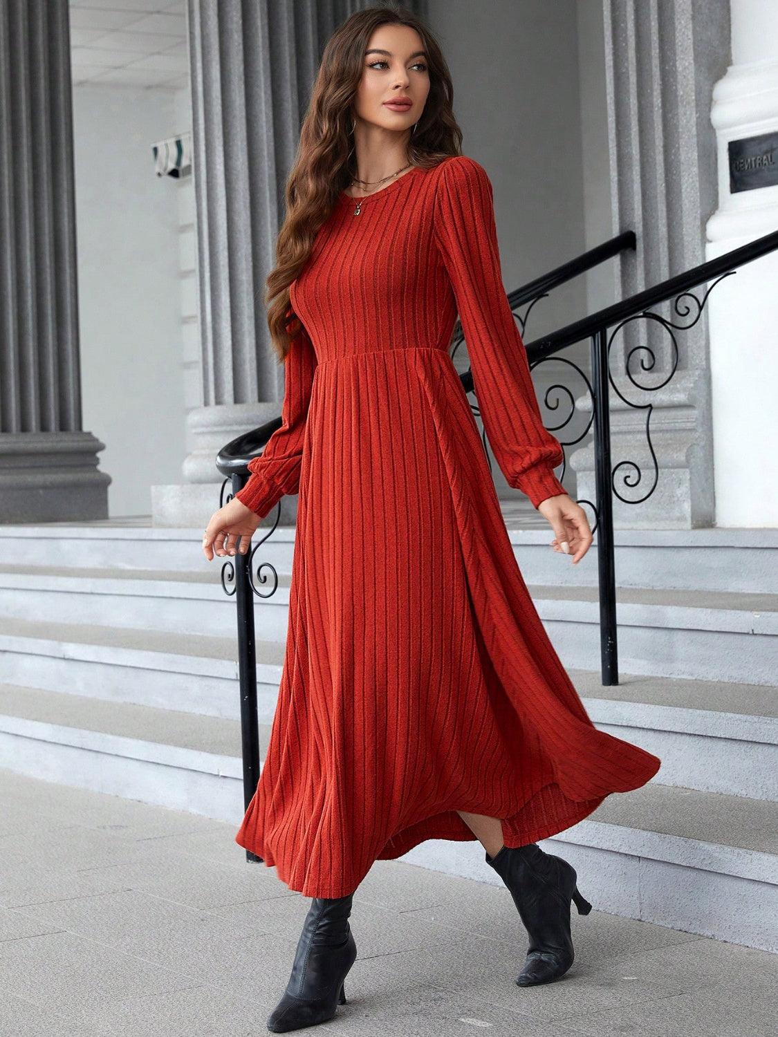 Ribbed Round Neck Long Sleeve Dress Trendsi