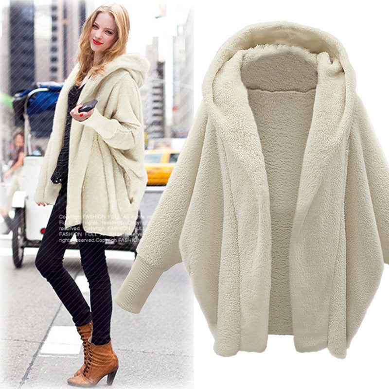 European And American Women's Clothing Solid Color Long Sleeve Hooded Loose Plush Coat ARZ