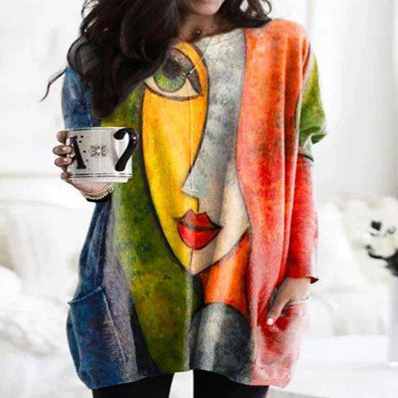 Multicolor Round Neck Abstract Long-Sleeved Tops and Tops ARZ