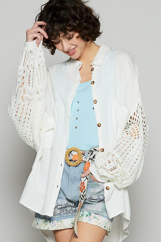 POL Openwork Lantern Sleeve Button Down Gauze Shirt Trendsi