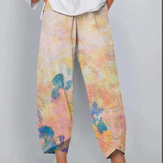 Printed Loose Casual Elastic Waist Straight-leg Pants ARZ