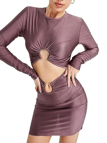 Women's Skirt Slim Fit Midriff Outfit Metal Buckle Long Sleeve Short Dress ARZ