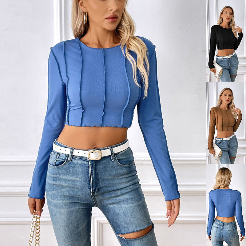 New Slim Long Sleeve T-shirt With Exposed Stitching Design Y2K Fashion Sexy Navel-exposed Short Top Womens Clothing ARZ